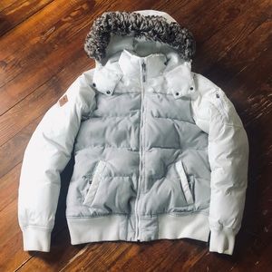 Eddie Bauer Puffer Jacket, Sz XS, White and Grey, Faux Fur